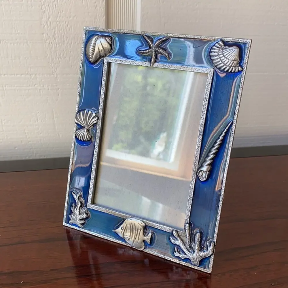 Pewter Sea Life on Navy Blue Enamel Photo Frame‎